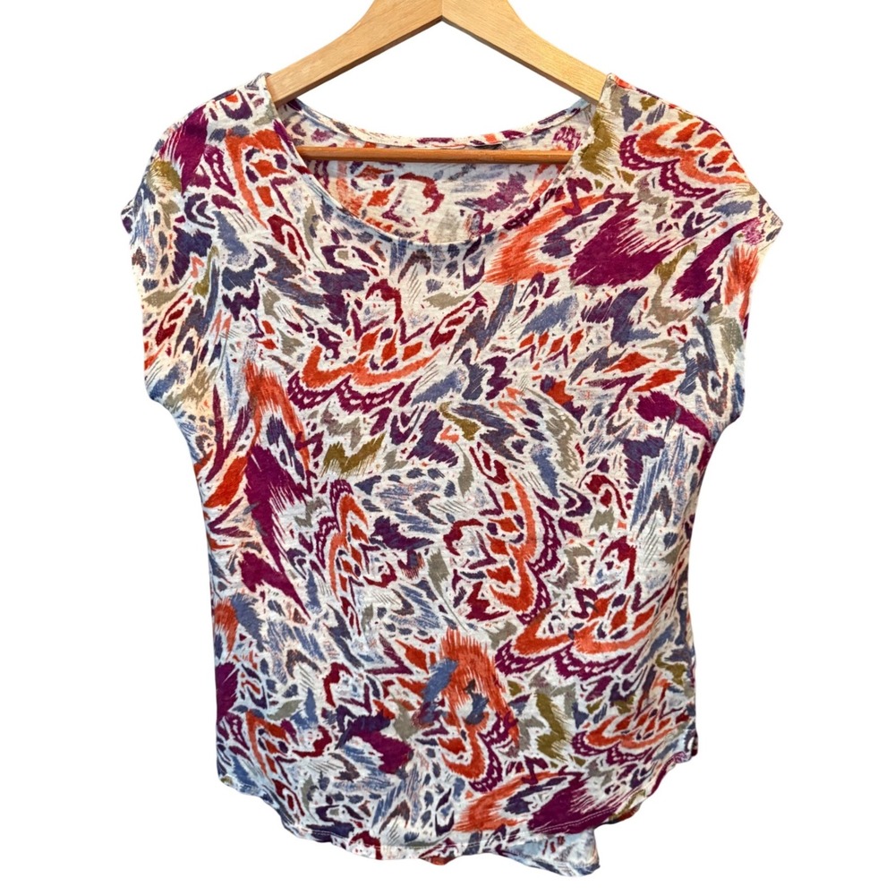 Nicole Miller Multicolor Abstract Ikat Print 100% Linen Scoop Neck Top M Artsy
